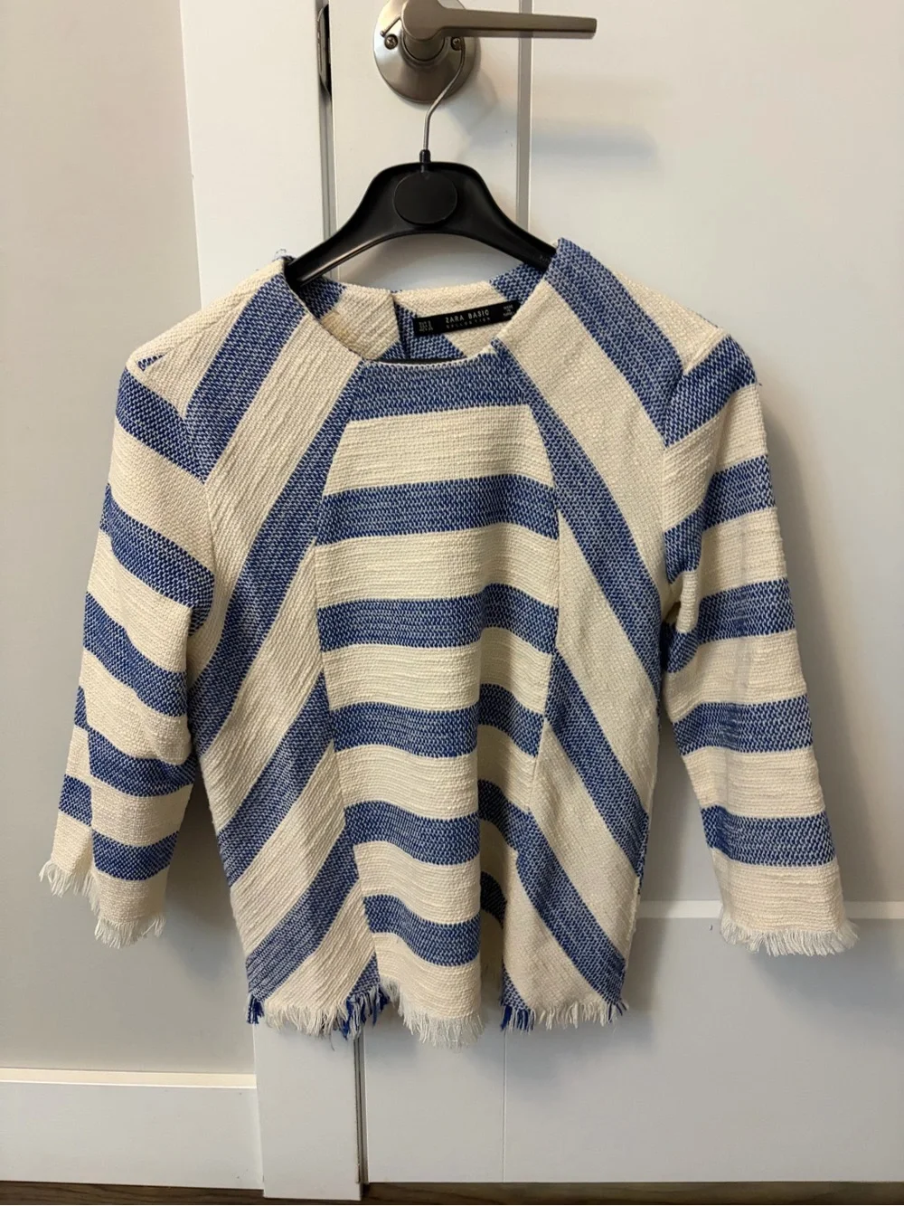 Zara Blue and Cream Striped Fringe-Hem - Picture 1 of 3